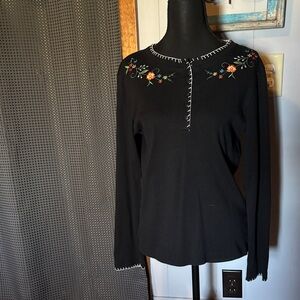 Erika Black Long-Sleeve Top with Multicolor Floral Embroidery